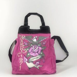 Vintage Don Ed Hardy Floral Rose Graphic Canvas Shoulder Tote Bag Purse Woman’s